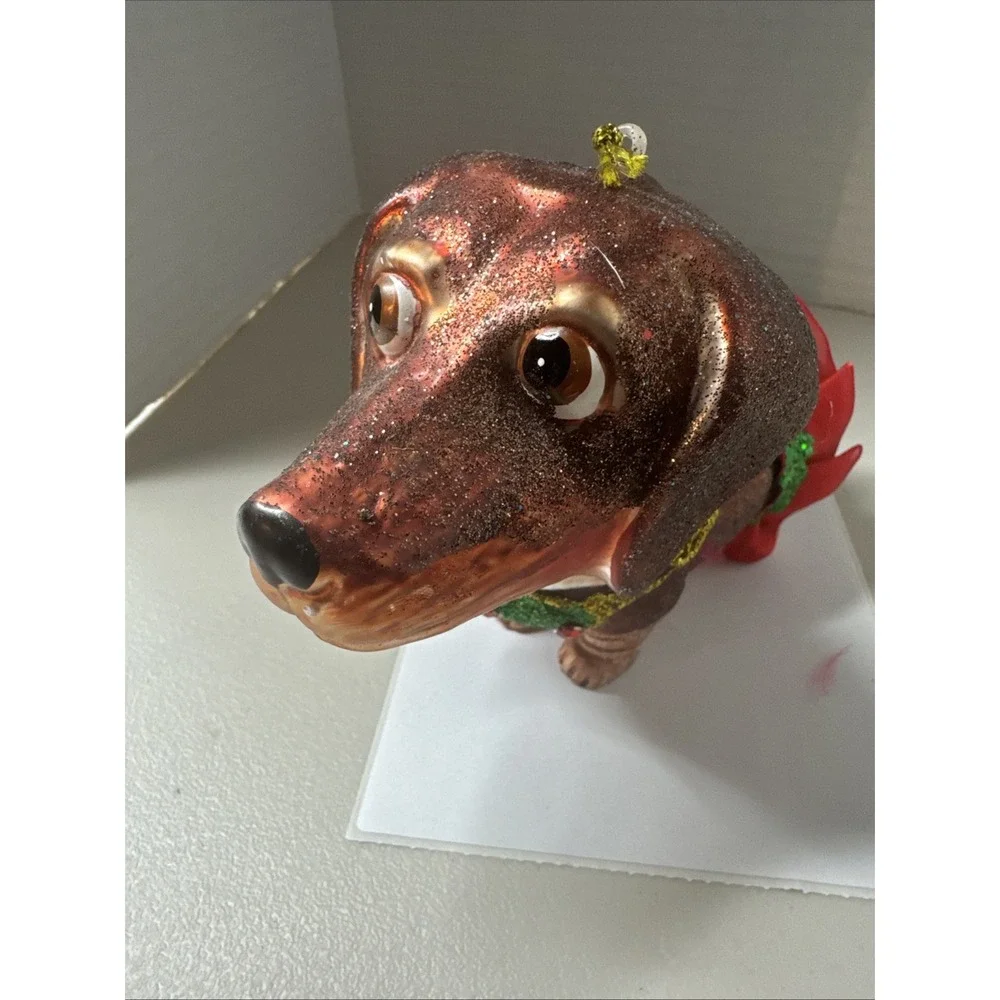 Robert Stanley Vintage Christmas Blown Glass Ornament Brown Dog W‎ Red Tutu